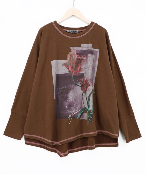 iS ScoLar(イズスカラー)の「563226:窓辺の花柄 ドルマンスリーブプルオーバー(Tシャツ/カットソー・レディース・オートミール/チャコールグレー/ブラウン・M)」の3枚目の写真