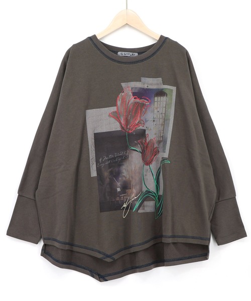 iS ScoLar(イズスカラー)の「563226:窓辺の花柄 ドルマンスリーブプルオーバー(Tシャツ/カットソー・レディース・オートミール/チャコールグレー/ブラウン・M)」の2枚目の写真