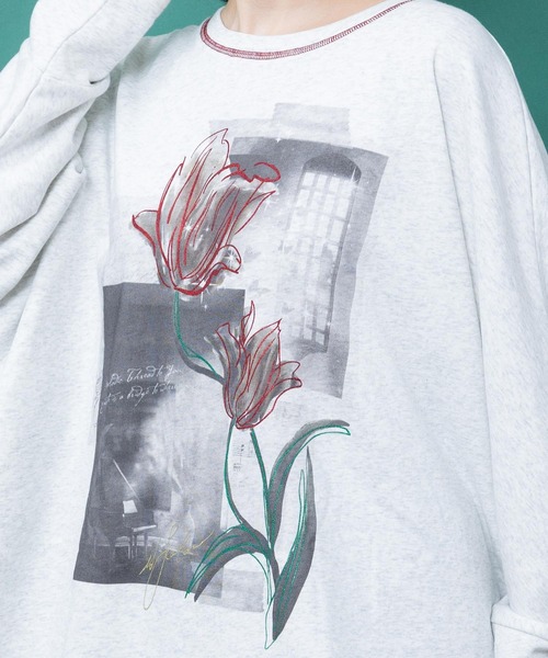 iS ScoLar(イズスカラー)の「563226:窓辺の花柄 ドルマンスリーブプルオーバー(Tシャツ/カットソー・レディース・オートミール/チャコールグレー/ブラウン・M)」の10枚目の写真