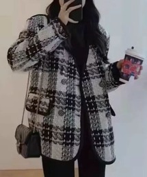 ツイード柄 ノーカラージャケット