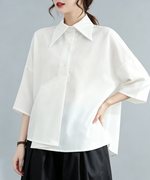 ReRe(リリ)の「ビッグカラーアシンメトリー半袖シャツブラウス(シャツ/ブラウス・レディース・ブラック/ホワイト・MEDIUM/X-LARGE/LARGE)」の7枚目の写真