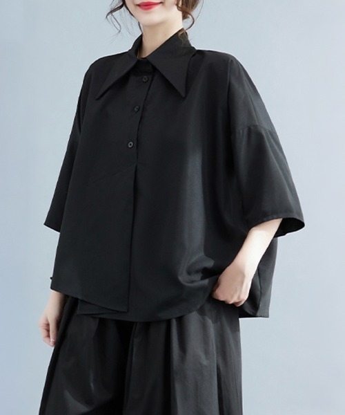 ReRe(リリ)の「ビッグカラーアシンメトリー半袖シャツブラウス(シャツ/ブラウス・レディース・ブラック/ホワイト・MEDIUM/X-LARGE/LARGE)」の10枚目の写真