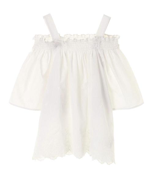 earth music&ecology（アースミュージックアンドエコロジー）の「・エンブロイダリーオフショルストライププルオーバー（Tシャツ/カットソー・レディース・サックスブルー/ネイビー/ライトグレー・FREE）」の4枚目の写真