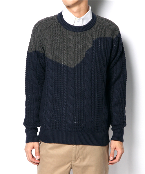 R.NEWBOLD(アールニューボールド)の「2TONE 5G CABLE KNIT/235405(ニット/セーター・メンズ・グレー/ネイビー/オレンジ・SMALL/MEDIUM/LARGE/X-LARGE)」の3枚目の写真