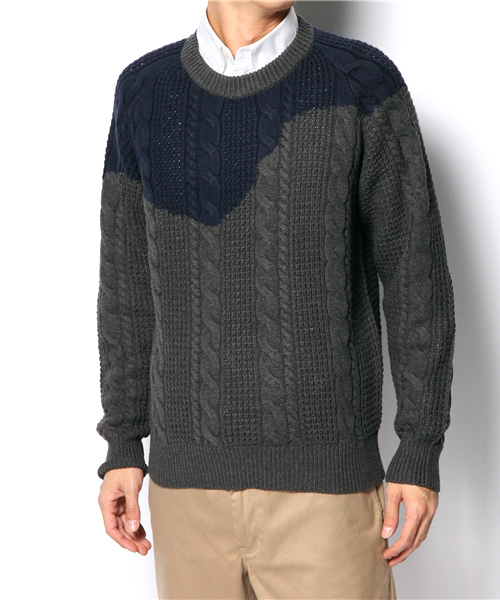R.NEWBOLD(アールニューボールド)の「2TONE 5G CABLE KNIT/235405(ニット/セーター・メンズ・グレー/ネイビー/オレンジ・SMALL/MEDIUM/LARGE/X-LARGE)」の2枚目の写真