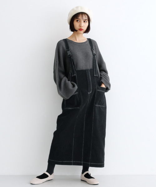 merlot(メルロー)の「コーデュロイ配色ステッチワークサロペットスカート3270(サロペット/オーバーオール)」|ブラック