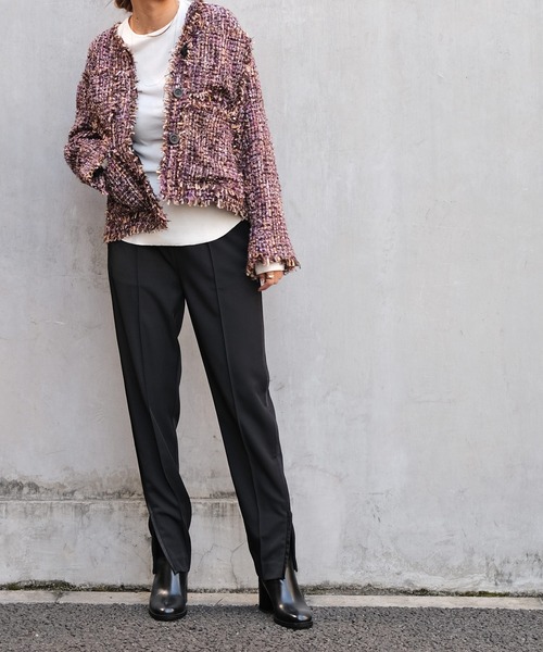 AKTE ツイードノーカラーショートジャケット FREE SIZE