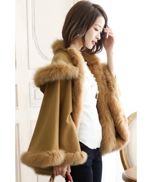 カシミヤフードファーケープ / 秋冬 結婚式対応 コート 冬（ポンチョ