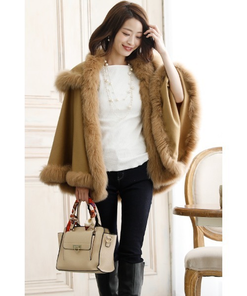 カシミヤフードファーケープ / 秋冬 結婚式対応 コート 冬（ポンチョ