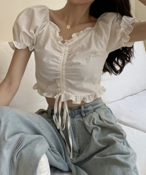 MANGROVE（マングローブ）の「フリルドロストショートブラウス（シャツ/ブラウス・レディース・ホワイト/ブラック・FREE）」の7枚目の写真