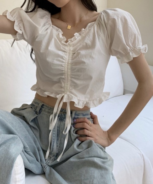 MANGROVE（マングローブ）の「フリルドロストショートブラウス（シャツ/ブラウス・レディース・ホワイト/ブラック・FREE）」の14枚目の写真