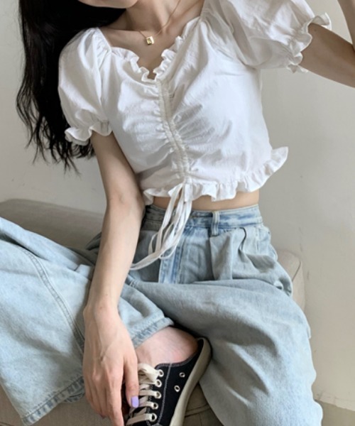 MANGROVE（マングローブ）の「フリルドロストショートブラウス（シャツ/ブラウス・レディース・ホワイト/ブラック・FREE）」の3枚目の写真