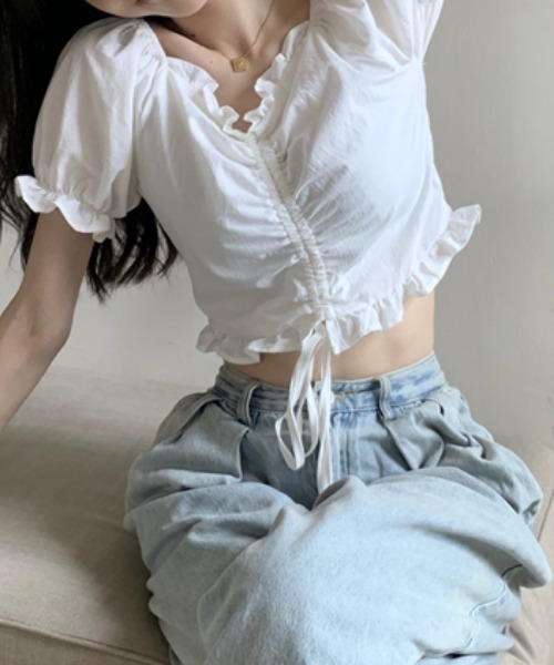 MANGROVE（マングローブ）の「フリルドロストショートブラウス（シャツ/ブラウス・レディース・ホワイト/ブラック・FREE）」の5枚目の写真