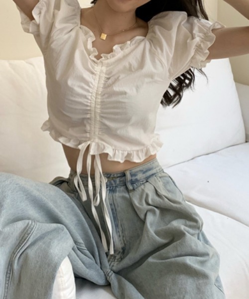 MANGROVE（マングローブ）の「フリルドロストショートブラウス（シャツ/ブラウス・レディース・ホワイト/ブラック・FREE）」の10枚目の写真