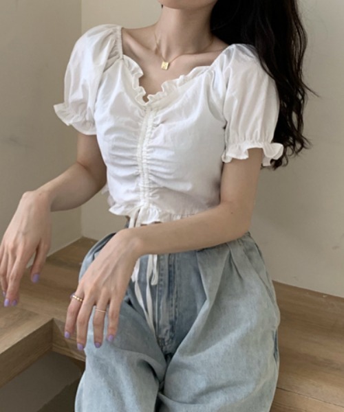 MANGROVE（マングローブ）の「フリルドロストショートブラウス（シャツ/ブラウス・レディース・ホワイト/ブラック・FREE）」の8枚目の写真