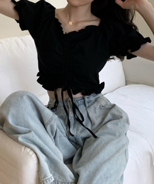 MANGROVE（マングローブ）の「フリルドロストショートブラウス（シャツ/ブラウス・レディース・ホワイト/ブラック・FREE）」の11枚目の写真