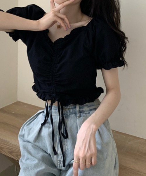 MANGROVE（マングローブ）の「フリルドロストショートブラウス（シャツ/ブラウス・レディース・ホワイト/ブラック・FREE）」の6枚目の写真