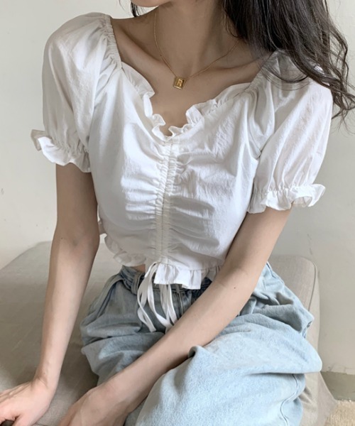 MANGROVE（マングローブ）の「フリルドロストショートブラウス（シャツ/ブラウス・レディース・ホワイト/ブラック・FREE）」の12枚目の写真