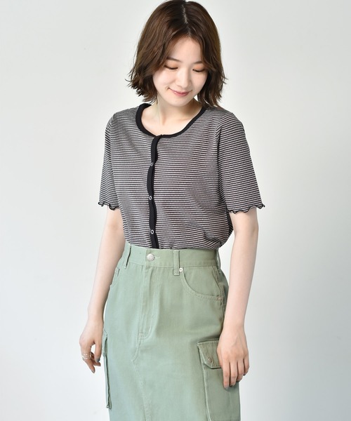 RETRO GIRL（レトロガール）の「ボーダーショートカーデ（カーディガン/ボレロ・レディース・チャコールグレー/オレンジ/ブルー/グリーン・FREE）」の2枚目の写真