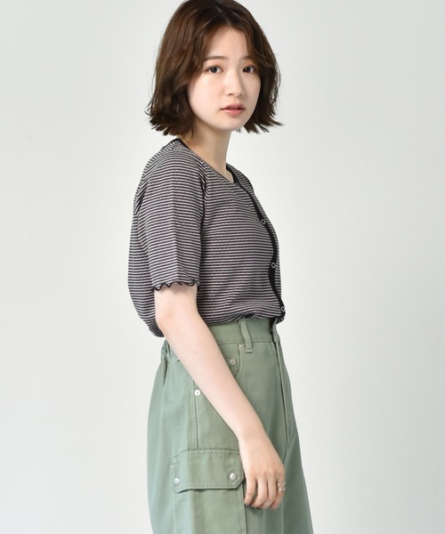 RETRO GIRL（レトロガール）の「ボーダーショートカーデ（カーディガン/ボレロ・レディース・チャコールグレー/オレンジ/ブルー/グリーン・FREE）」の15枚目の写真