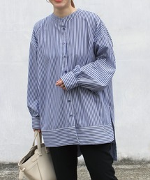 LAVEANGE | [洗える]バンドカラーストライプチュニックブラウス【大きいサイズ対応】(シャツ/ブラウス)