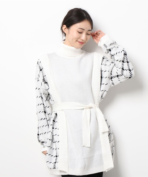 ABITOKYO（アビトーキョー）の「サイド柄ジャカードドッキングチュニックプルオーバー（ニット/セーター・レディース・ホワイト/ブラック/グレー・FREE）」の2枚目の写真