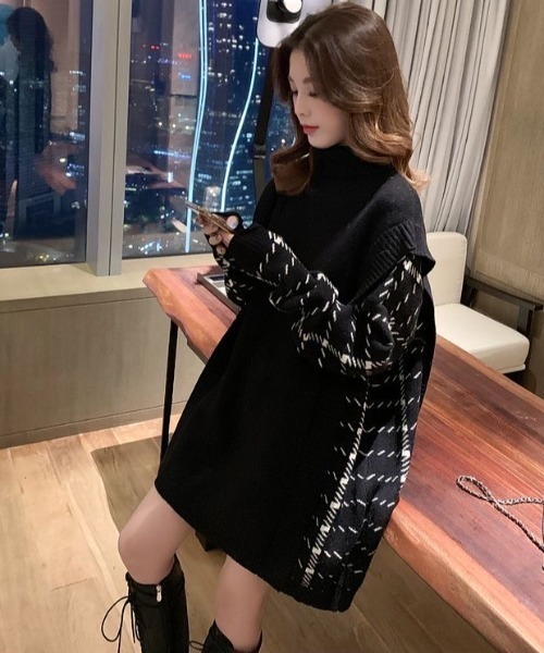 ABITOKYO（アビトーキョー）の「サイド柄ジャカードドッキングチュニックプルオーバー（ニット/セーター・レディース・ホワイト/ブラック/グレー・FREE）」の4枚目の写真