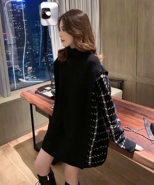 ABITOKYO（アビトーキョー）の「サイド柄ジャカードドッキングチュニックプルオーバー（ニット/セーター・レディース・ホワイト/ブラック/グレー・FREE）」の5枚目の写真