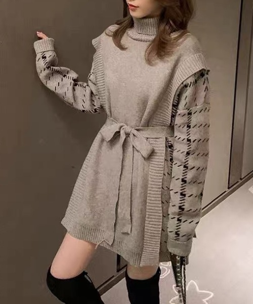 ABITOKYO（アビトーキョー）の「サイド柄ジャカードドッキングチュニックプルオーバー（ニット/セーター・レディース・ホワイト/ブラック/グレー・FREE）」の9枚目の写真