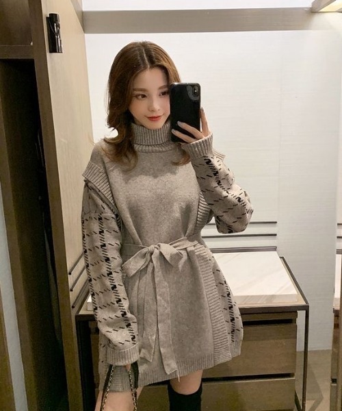 ABITOKYO（アビトーキョー）の「サイド柄ジャカードドッキングチュニックプルオーバー（ニット/セーター・レディース・ホワイト/ブラック/グレー・FREE）」の13枚目の写真