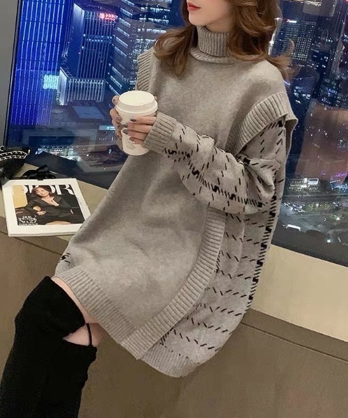 ABITOKYO（アビトーキョー）の「サイド柄ジャカードドッキングチュニックプルオーバー（ニット/セーター・レディース・ホワイト/ブラック/グレー・FREE）」の7枚目の写真