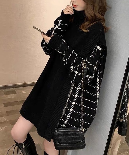 ABITOKYO（アビトーキョー）の「サイド柄ジャカードドッキングチュニックプルオーバー（ニット/セーター・レディース・ホワイト/ブラック/グレー・FREE）」の8枚目の写真