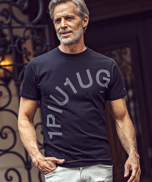 1PIU1UGUALE3  RELAX （ウノピゥウノウグァーレトレ リラックス）の「1PIU1UGUALE3 RELAX(ウノピゥウノウグァーレトレ)ラインストーンロゴ半袖Tシャツ（Tシャツ/カットソー・メンズ・ホワイト/ブラック・S/M/L/XL/XXL）」の3枚目の写真