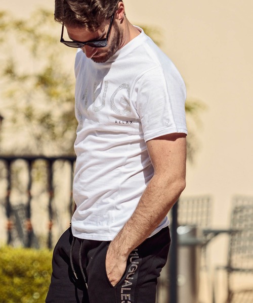 1PIU1UGUALE3  RELAX （ウノピゥウノウグァーレトレ リラックス）の「1PIU1UGUALE3 RELAX(ウノピゥウノウグァーレトレ)ラインストーンロゴ半袖Tシャツ（Tシャツ/カットソー・メンズ・ホワイト/ブラック・S/M/L/XL/XXL）」の9枚目の写真