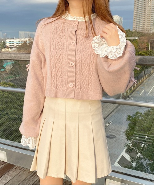 apres jour(アプレジュール)の「袖リボンケーブルカーディガン【ZOZOTOWN限定アイテム】(カーディガン/ボレロ・レディース・アイボリー/ブルー系その他/ライトピンク・X-LARGE/フリー)」の6枚目の写真