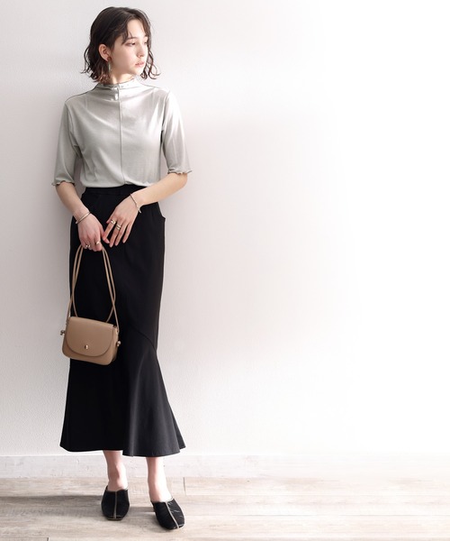 classicalelf（クラシカルエルフ）の「続・シアーアイテム。2wayメロウシアー素材5分袖トップス（Tシャツ/カットソー・レディース・ホワイト/ブラック/グレー/ピンクベージュ/パープル/グリーン・SMALL/MEDIUM/LARGE/X-LARGE）」の7枚目の写真