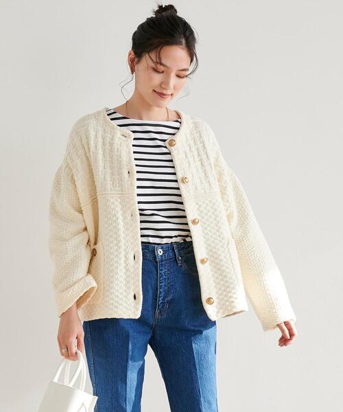 green label relaxing（グリーンレーベルリラクシング）の「リンクスニット ジャケット（カーディガン/ボレロ・レディース・ネイビー/オフホワイト・FREE）」の5枚目の写真