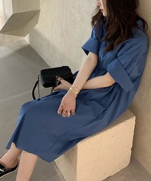 ロールスリーブ ストライプシャツワンピース