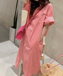 ロールスリーブ ストライプシャツワンピース