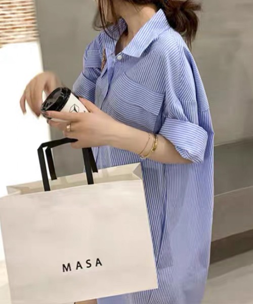 ANOTHER S(アナザーエス)の「ロールスリーブ ストライプシャツワンピース(シャツワンピース・レディース・ネイビー/ピンク/ブルー・FREE)」の7枚目の写真