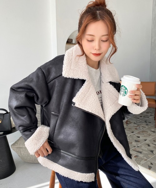 moment+（モーメントプラス）の「【累計販売枚数1万枚突破！】フェイクレザー×ボアフェイクムートンライダースジャケットブルゾン（ムートンコート・レディース・ブラック/ブラウン/アイボリー/ブラック系その他・M/L）」の11枚目の写真