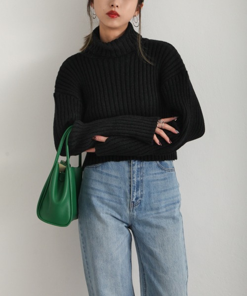 Chillfar（チルファー）の「バッグスリットハイネックショートニット（ニット/セーター・レディース・ベージュ系/オリーブ/ブラック/パープル系・FREE）」の2枚目の写真