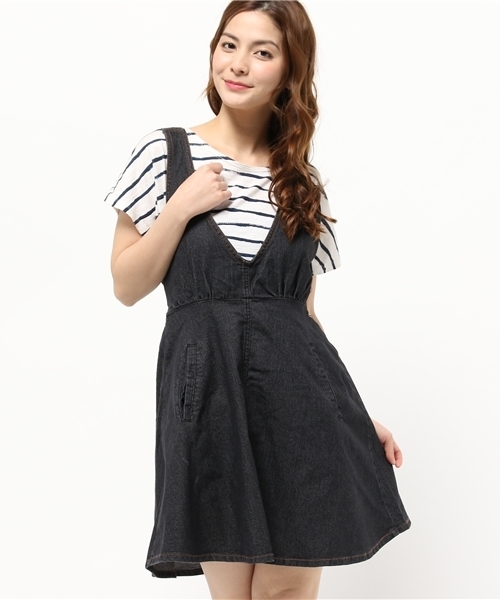 one after another NICE CLAUP(ワンアフターアナザーナイスクラップ)の「【ナイスクラップ】深Vネックジャンパースカート(ワンピース・レディース・ブルー/ネイビー/ブラック・FREE)」の2枚目の写真