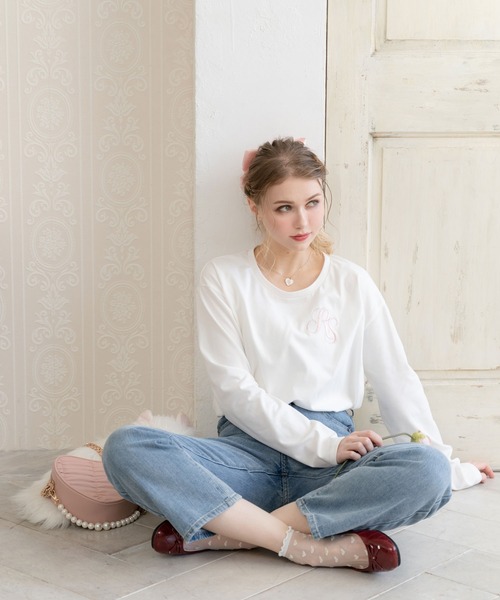 DearMyLoveRose(ディアマイラブローズ)の「オリジナル柄指穴チュニックロンT(Tシャツ/カットソー・レディース・ベビーピンク/ダークブラック/ブラック/ホワイト×ホワイト/ブラック×ホワイト・FREE)」の6枚目の写真