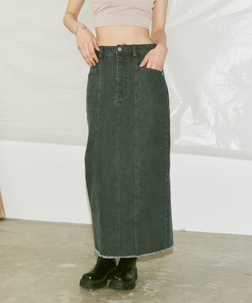 Happy John(ハッピージョン)の「fringe denim skirt/フリンジデニムスカート(デニムスカート・レディース・チャコールグレー/サックスブルー・SMALL/MEDIUM)」の3枚目の写真