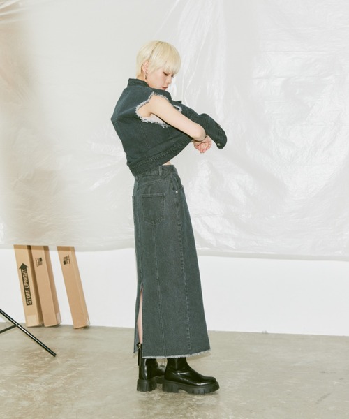 Happy John(ハッピージョン)の「fringe denim skirt/フリンジデニムスカート(デニムスカート・レディース・チャコールグレー/サックスブルー・SMALL/MEDIUM)」の10枚目の写真