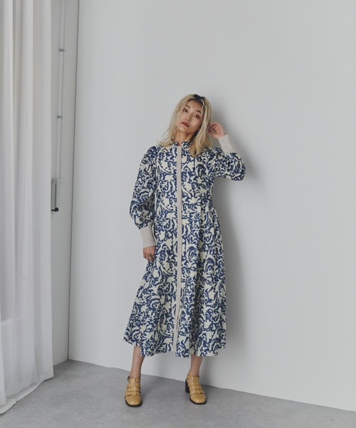 ROSEBUD /美品/花柄/ロングワンピース/ブラックカラー/チャイナボタン チャイナ服 エレガント花柄チャイナ風ロングワンピース