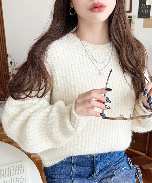 ニット　アイボリー セール】ざっくり畦編みMIXヤーンニットプルオーバー（ニット/セーター