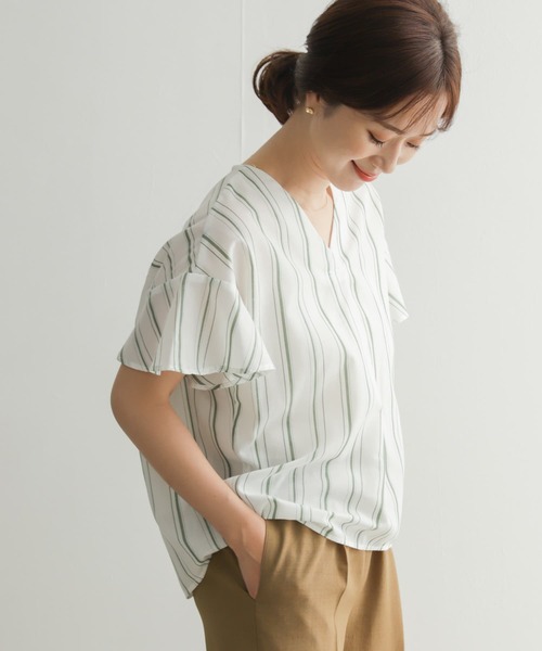 URBAN RESEARCH DOORS（アーバンリサーチドアーズ）の「『UR TECH Smart Linen Touch』ストライプフレアスリーブブラウス（シャツ/ブラウス・レディース・グリーン/ブルー・MEDIUM）」の22枚目の写真