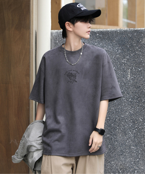 neos（ネオス）の「【neos -addictive design-】ルーズシルエット ローズプリント フェイクスウェード調 ハーフスリーブ Tシャツ（Tシャツ/カットソー・メンズ・カーキ/チャコールグレー/ブルー/パープル・MEDIUM/LARGE/X-LARGE）」の9枚目の写真